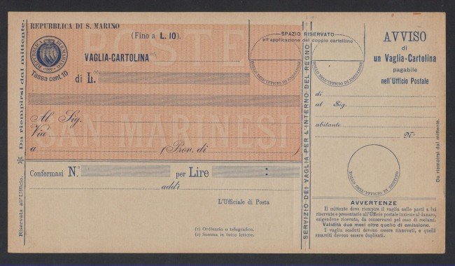 1903 - LOTTO/2490 - S.MARINO - CARTOLINA VAGLIA 10c.