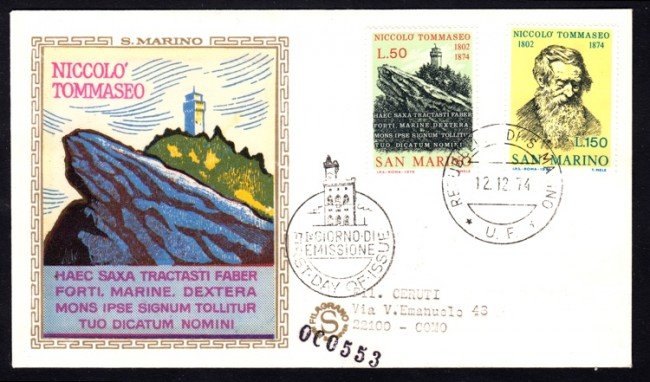 1974 - LOTTO/13244 - SAN MARINO - NICCOLO' TOMMASEO - BUSTA FDC