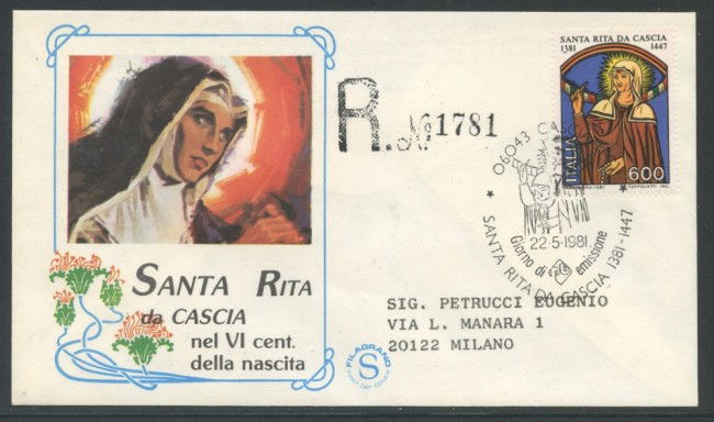 1981 - REPUBBLICA - SANTA RITA DA CASCIA - FDC FILAGRANO  VIAGGIATA - LOTTO/27336