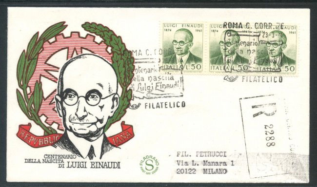 1974 - REPUBBLICA - LUIGI EINAUDI - BUSTA FDC FILAGRANO VIAGGIATA - LOTTO/27427