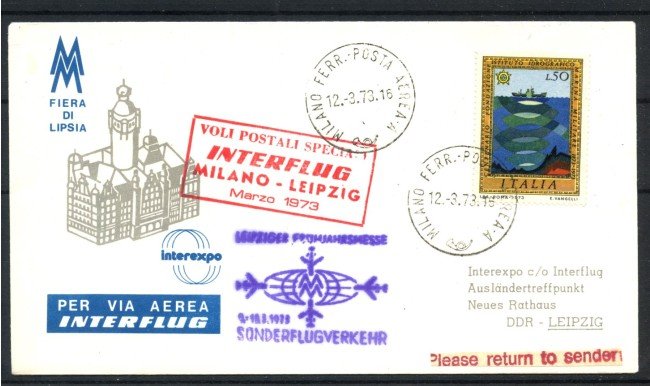 1973 - ITALIA - LOTTO/41647 - VOLO INTERFLUG MILANO LIPSIA  - BUSTA