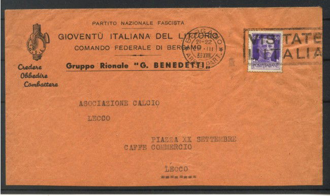 1939 - REGNO - LOTTO/42757 - BUSTA DA BERGAMO PER LECCO PROPAGANDA 