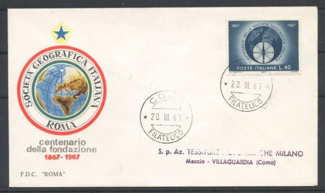 1967 - REPUBBLICA - LOTTO/39175B - SOCIETA' GEOGRAFICA - FDC ROMA