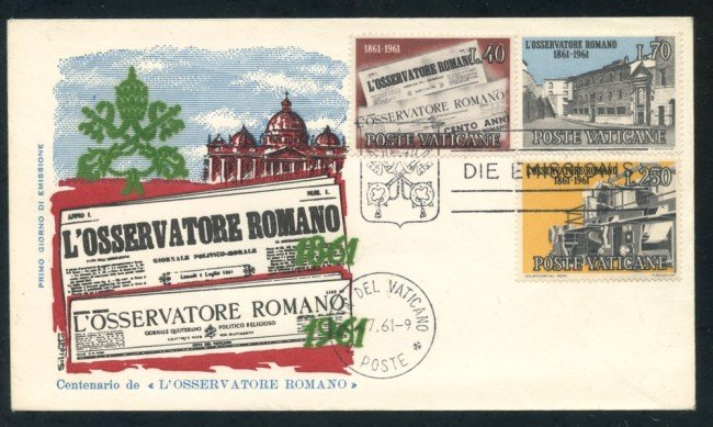 1961 - VATICANO  - CENTENARIO OSSERVATORE ROMANO - BUSTA FDC - LOTTO/25401