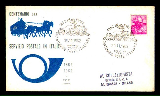 1962 - LBF/3501A - ITALIA - CENTENARIO POSTE ITALIANE DILIGENZA POSTALE - BUSTA