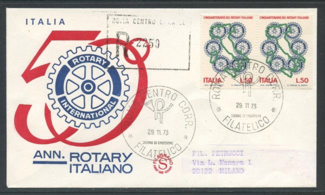 1973 - REPUBBLICA - CINQUANTENARIO ROTARY - BUSTA FDC FILAGRANO GOLD VIAGGIATA - LOTTO/27540