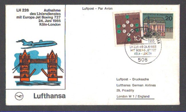 GERMANIA - 1965 - LBF/3238 - PRIMO VOLO LUFTHANSA KOLN/LONDRA
