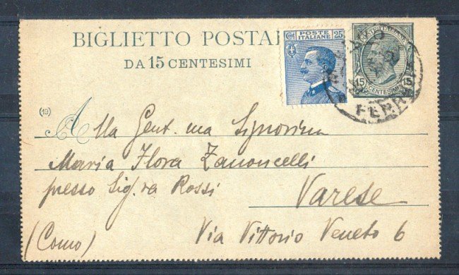1922 - LOTTO/341IPRU - REGNO - BIGLIETTO POSTALE DA 15c. CON AFFRANCATURA AGGIUNTA