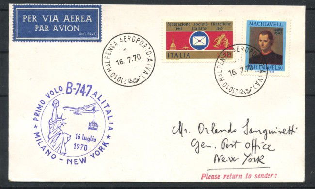 1970 - ITALIA - LOTTO/41604 - PRIMO VOLO ALITALIA B-747  MILANO NEW YORK