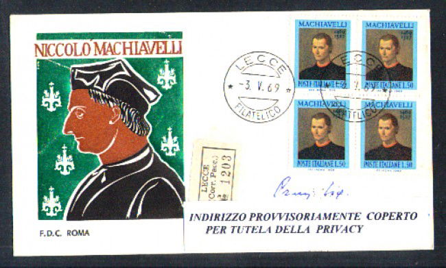 1969 - LOTTO/11142 - REPUBBLICA - NICCOLO' MACCHIAVELLI - BUSTA FDC