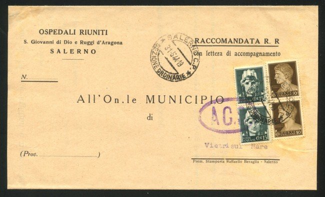 1944 - LUOGOTENENZA - LOTTO/40970 - RACCOMANDATA DA SALERNO A VIETRI