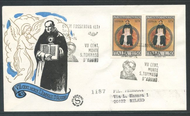 1974 - REPUBBLICA S.TOMMASO D'AQUINO - BUSTA FDC FILAGRANO VIAGGIATA - LOTO/27458