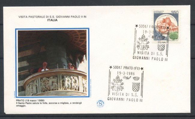 1986 - PRATO (FI) - VISITA DI PAPA GIOVANNI PAOLO II° - BUSTA - LOTTO/31101