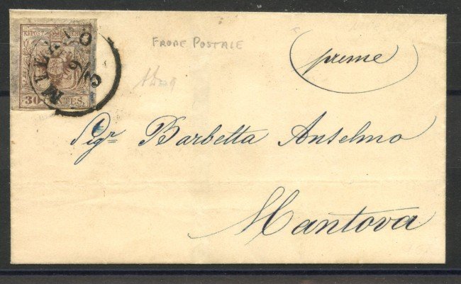 1856 - LOMBARDO VENETO - LOTTO/40551 - 30 CENTESIMI BRUNO LILLACEO - BUSTA DA MILANO