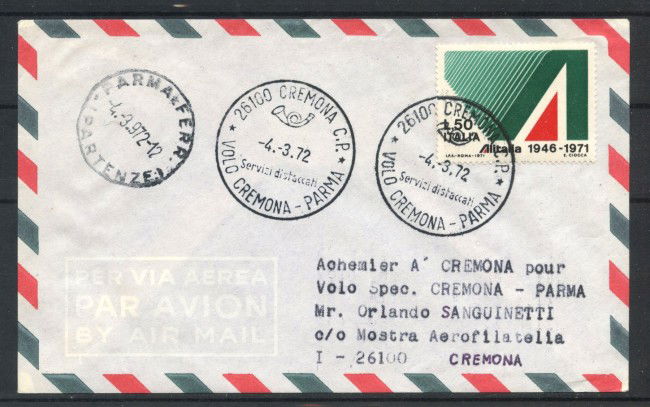 1972 - ITALIA - LOTTO/41654 - VOLO CREMONA PARMA  - BUSTA