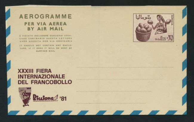 1981 - LOTTO/17176 - SOMALIA - AEROGRAMMA 0,25 Sh. RICCIONE - NUOVO