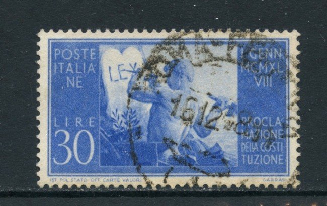 1948 - ITALIA REPUBBLICA - 30 LIRE COSTITUZIONE FILIGRANA NORMALE SINISTRA - USATO - LOTTO/25228A
