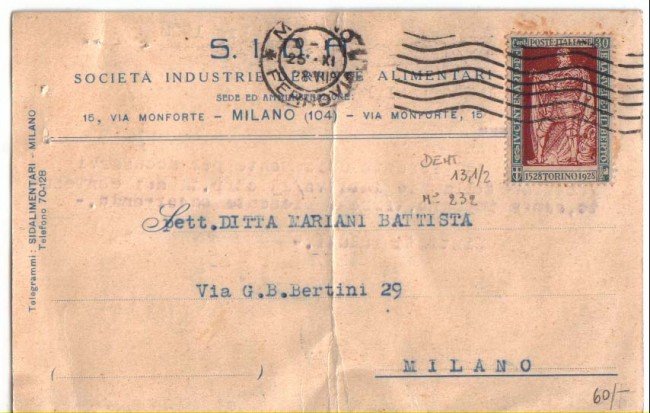 MILANO - 1928 - LOTTO/5523 - 30c. E.FILIBERTO - CARTOLINA DA Milano