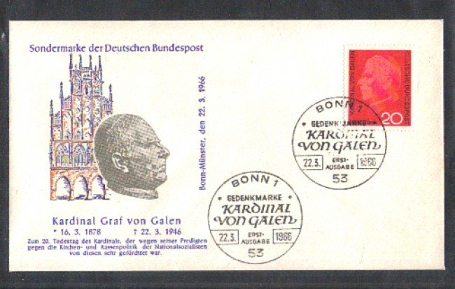 1966 - LOTTO/GF363FDC - GERMANIA FED. - CARDINALE VON GALEN - BUSTA FDC