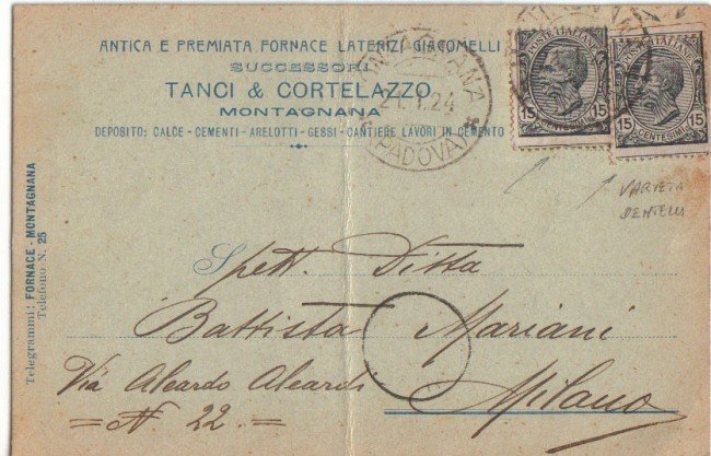 MONTAGNANA - 1924 - LBF/1655 - CARTOLINA COMMERCIALE PER MILANO