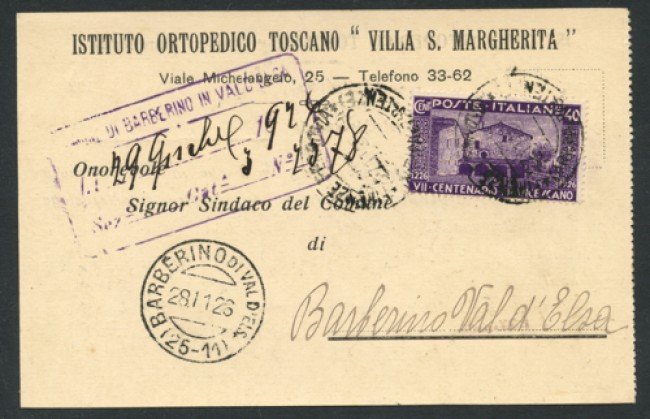 BARBERINO DI VALD'ELSA - 1926 - LOTTO/12467 - 40c. SAN FRANCESCO  - CARTOLINA COMMERCIALE