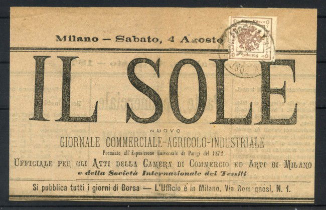 1858/59 - LOMBARDO VENETO - LOTTO/40175 - 2k. SEGNATASSE  SU FRONTESPIZIO DI GIORNALE