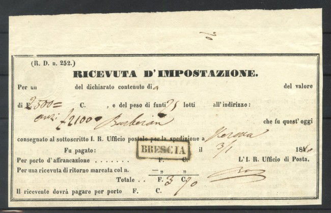 1850 - LOMBARDO VENETO - LOTTO/42700 - RICEVUTA D'IMPOSTAZIONE DA BRESCIA A VERONA