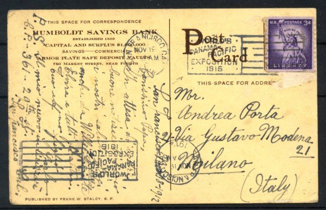 1915 - STATI UNITI - LOTTO/39675 -  CARTOLINA DA S.FRANCISCO A MILANO
