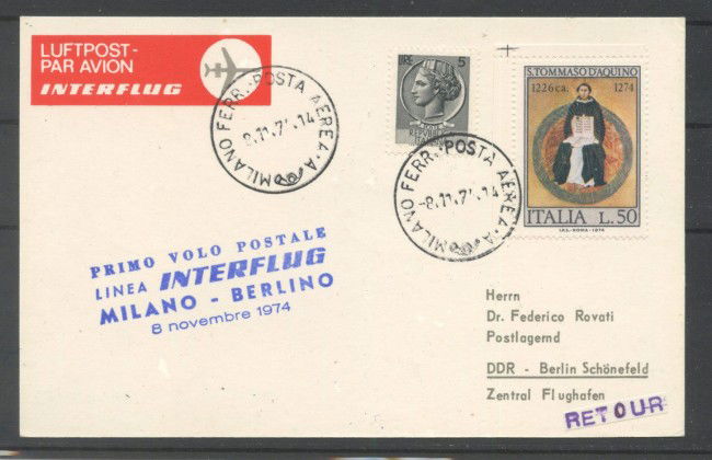 1974 - REPUBBLICA - LOTTO/42741 - PRIMO VOLO POSTALE INTERFLUG MILANO BERLINO