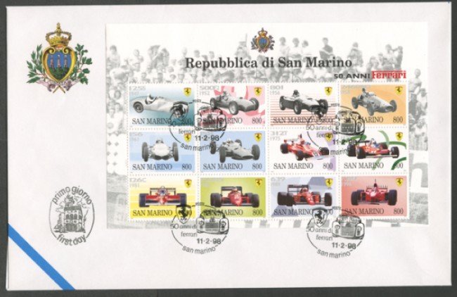 1998 - LOTTO/12189 - SAN MARINO -  50 ANNI DI FERRARI FOGLIETTO - BUSTA FDC