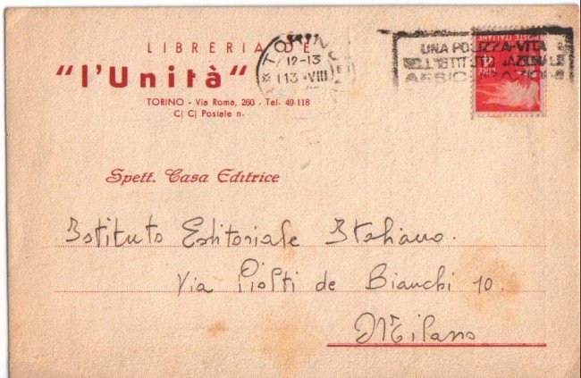 1948 - REPUBBLICA - LBF/701  - TORINO - CEDOLA COMMISSIONE LIBRARIA PER MILANO