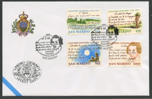 1998 - LOTTO/13595 - SAN MARINO - GIACOMO LEOPARDI - BUSTA FDC