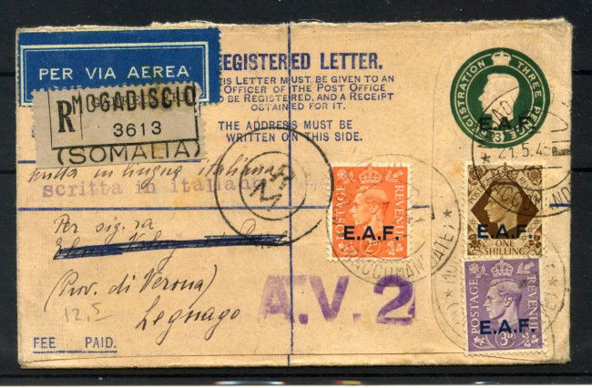 1945 - SOMALIA INGLESE - LOTTO/40299 - BUSTA POSTALE CON AFFRANCATURA AGGIUNTA PER L'ITALIA