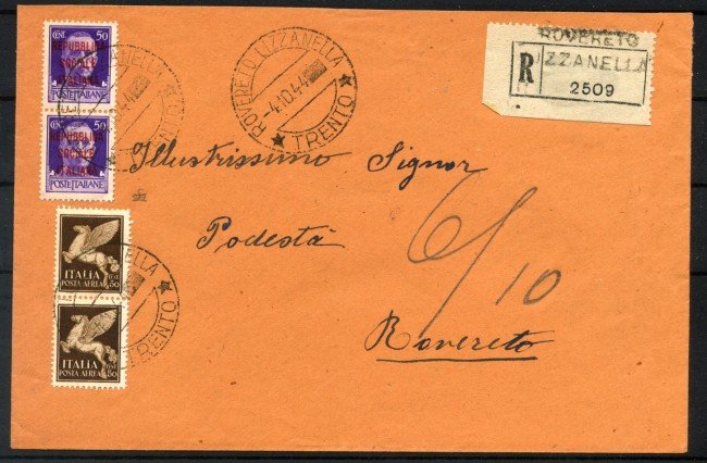 1944 - REPUBBLICA SOCIALE - LOTTO/40463 - RACCOMANDATA PER ROVERETO CON VALORI GEMELLI