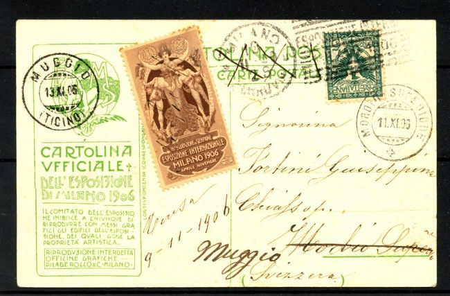 1906 - REGNO - LOTTO/42677 - CARTOLINA DELL0'ESPOSIZIONE DI MILANO PER LA SVIZZERA