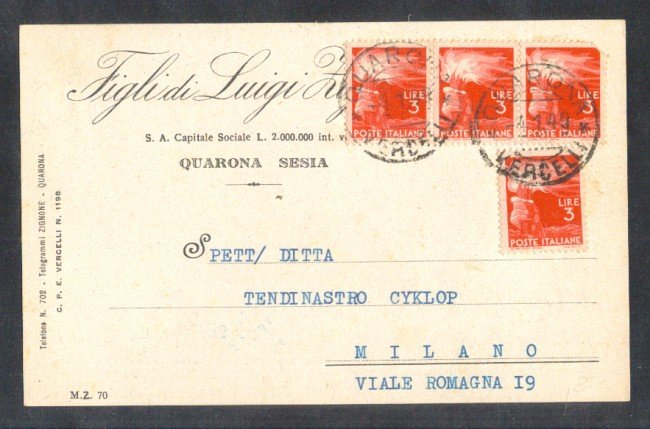 1949 - REPUBBLICA - LBF/744 - QUARONA SESIA  CART. COMMERCIALE PER MILANO