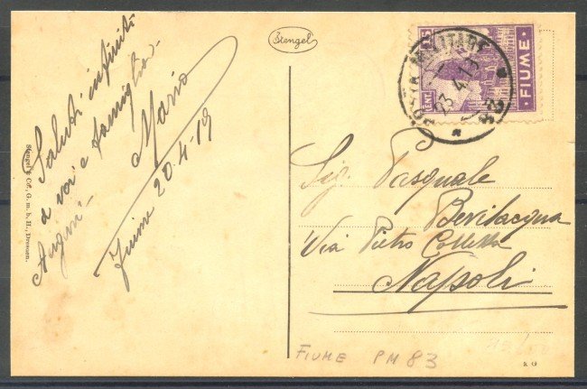 1919 - FIUME - LOTTO/39761 - 15 c. SU CARTOLINA PER NAPOLI