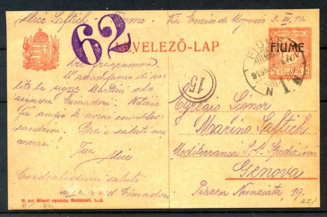 1919 - FIUME - LOTTO/39760 - CARTOLINA POSTALE 10F. - VIAGGIATA