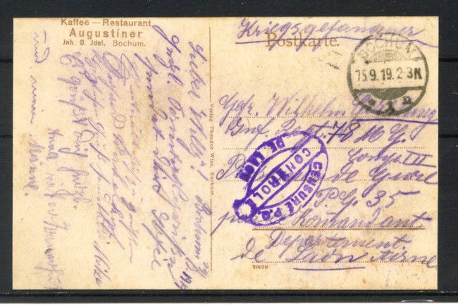1919 - GERMANIA - LOTTO/42426 - CARTOLINA DA BACHUM PER AISNE - CON ANNULLO DI CENSURA