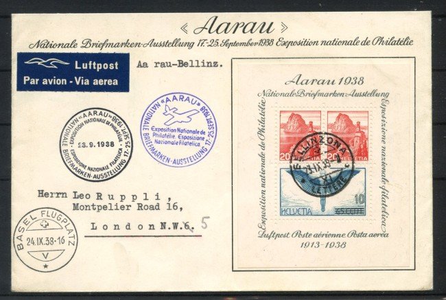 1938 - SVIZZERA - LOTTO/41684 - EXPO  DI AARAU  FOGLIETTO SU BUSTA