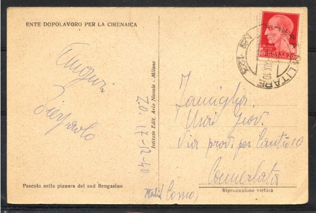 1940 - BENGASI - CARTOLINA POSTA MILITARE N° 123 - VIAGGIATA PER COMO - LOTTO/31079