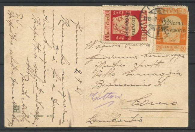 1921 - FIUME - LOTTO/40965 - CARTOLINA AFFRANCATA CON 10 E 20 CENT. GOVERNO PROVVISORIO