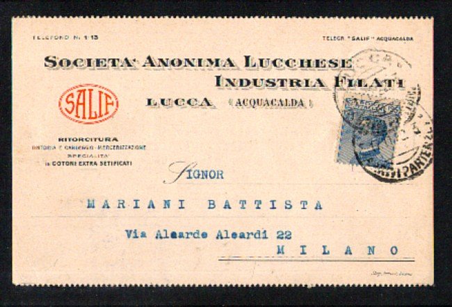 1922 - LOTTO/10812- REGNO - SOCIETA' ANONIMA LUCCHESE  FILATI