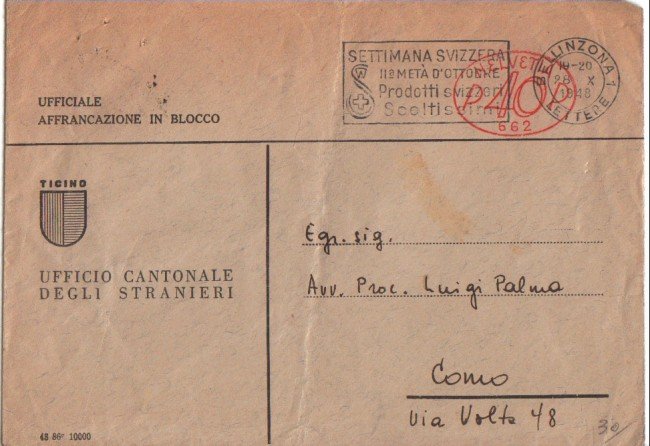 1948 - LBF/3064 - SVIZZERA - BUSTA UFFICIO CANTONALE PER L'ITALIA
