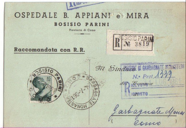 1961 - REPUBBLICA - LBF/753 BOSISIO PARINI CARTOLINA  OSPEDALIERA RACCOMANDATA