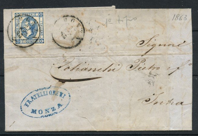 1863 - REGNO - 15c. MEDAGLIONE I° TIPO SU BUSTA PER INTRA - LOTTO/30289
