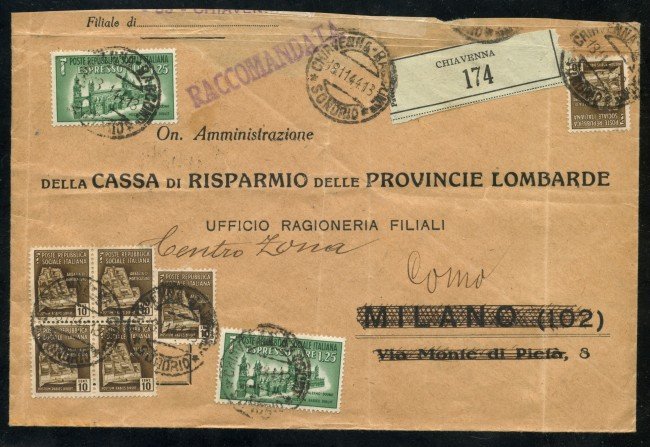 1944/45 - REPUBBLICA SOCIALE - 10c. MONUMENTI DISTRUTTI PIU' ESPRESSO 1,25 - SU RACCOMANDATA - LOTTO/30298