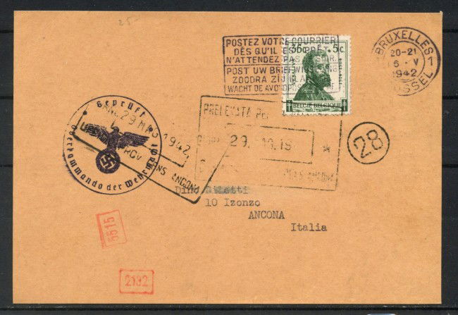 1942 - BELGIO - LOTTO/42437 - CARTOLINA  DA BRUXELLES  PER ANCONA CENSURATA