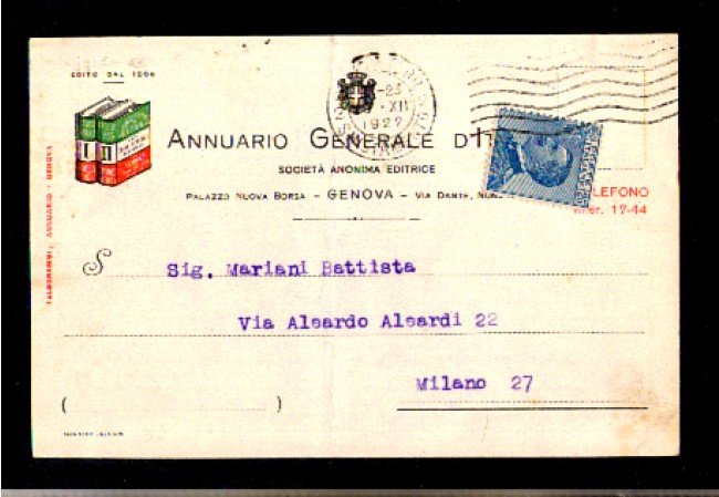 1922 - LOTTO/10813 - REGNO - ANNUARIO GENERALE D'ITALIA - CARTOLINA