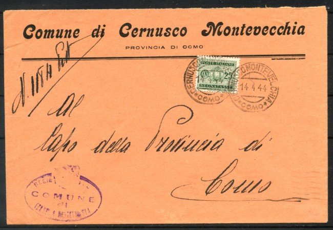 1944 - REPUBBLICA SOCIALE - LOTTO/40138 - SEGNATASSE 25 cent. AFFRANCATURA D'EMERGENZA
